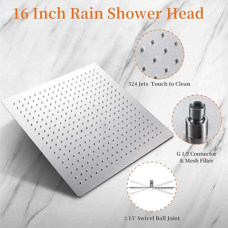 Derpras 16 Inch Square Rain Shower Head, 304 Stainless Steel, Ultra Thin High Pressure Bathroom Rainfall Showerhead (Brushed Nickel) (324 Jets) - Image 5