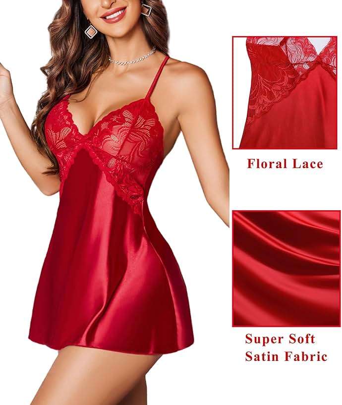 Avidlove Women Lingerie V Neck Sexy Nightwear Satin Sleepwear Lace Chemise Mini Babydoll Nightgown - Image 2