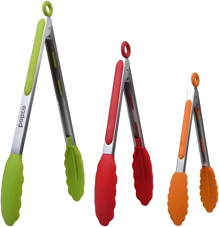Popco 3 Piece Kitchen Tongs Set 7, 9, 12 Inch - Stainless Steel Nonstick Tongs with Silicone Tips - Heat Resistant and Dishwasher Safe for Cooking, Grilling, Salad, and Everyday Serving - Image 1