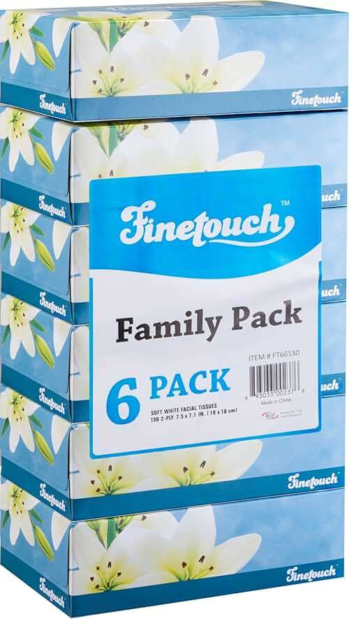 Finetouch Facial Tissues, 2-Ply Soft Facial Tissue - 6 Boxes, 130 Sheets Per Box (780 Total Sheets), Gentle & Durable Tissue Boxes Bulk for Home, Office & Travel - Image 1