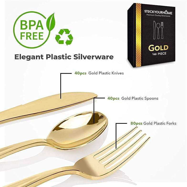 Gold Plastic Silverware Set (160 Bulk Pack) Disposable Cutlery Utensils, 80 Gold Forks, 40 Gold Knives, 40 Gold Spoons, Heavy Duty Flatware For Holidays, Parties, Dinners, Weddings, and Occasions - Image 3