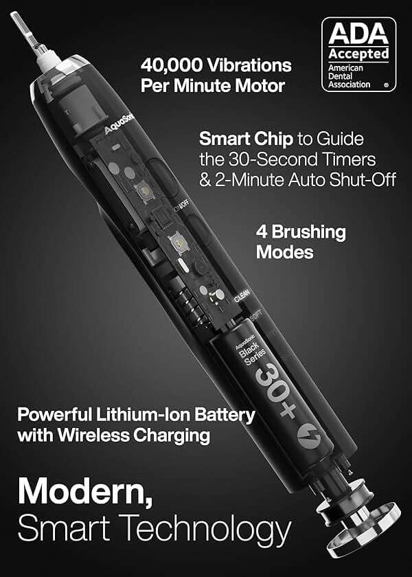 Aquasonic Black Series Ultra Whitening Toothbrush – ADA Accepted Electric Toothbrush- 8 Brush Heads & Travel Case – 40,000 VPM Electric Motor & Wireless Charging - 4 Modes w Smart Timer - Image 2