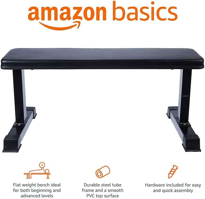 Amazon Basics Sturdy Flat Weight Bench for Home Gym, Strength Training, Stable Assembly, Black - Image 2