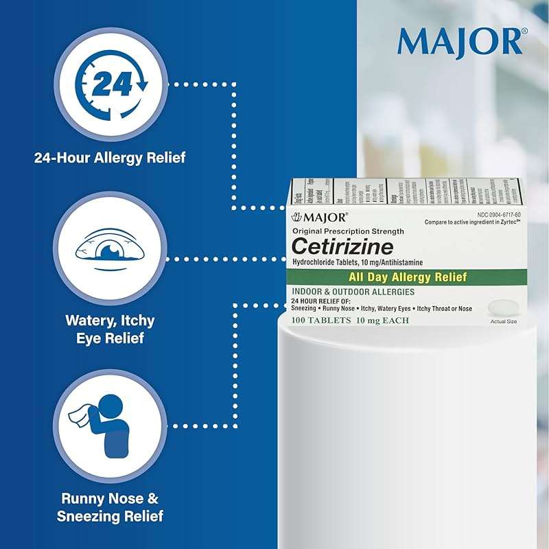 MAJOR Cetirizine Hydrochloride Tablets - 24 Hour Indoor and Outdoor Allergy Relief for Sneezing, Watery Eyes, Itchy Throat or Nose - 10mg - 100 Count (1 Pack) - Image 3