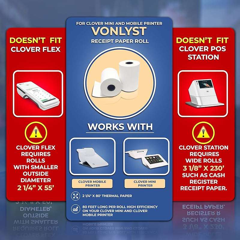 Vonlyst Thermal Receipt Paper Rolls for Clover Mini & Clover Mobile – 2 1/4” x 80’ BPA Free Credit Card Machine Paper Compatible with C200 C300 C301 C302 C302U C305 – POS Printer Paper, 10 Rolls - Image 2