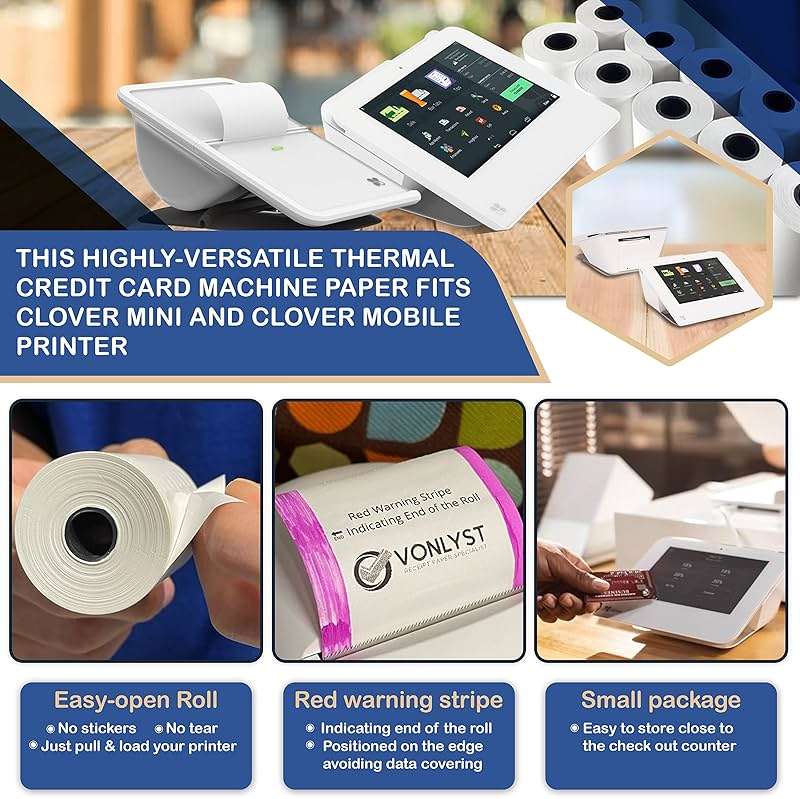 Vonlyst Thermal Receipt Paper Rolls for Clover Mini & Clover Mobile – 2 1/4” x 80’ BPA Free Credit Card Machine Paper Compatible with C200 C300 C301 C302 C302U C305 – POS Printer Paper, 10 Rolls - Image 3