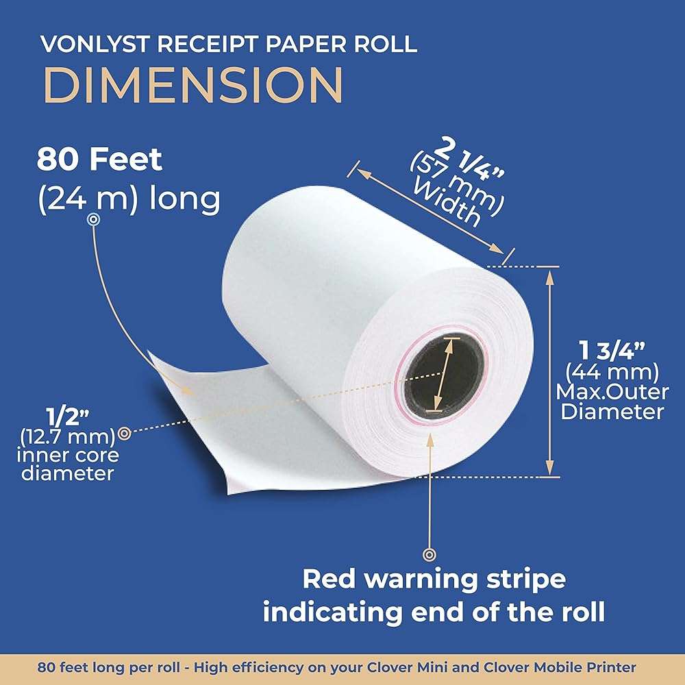 Vonlyst Thermal Receipt Paper Rolls for Clover Mini & Clover Mobile – 2 1/4” x 80’ BPA Free Credit Card Machine Paper Compatible with C200 C300 C301 C302 C302U C305 – POS Printer Paper, 10 Rolls - Image 4