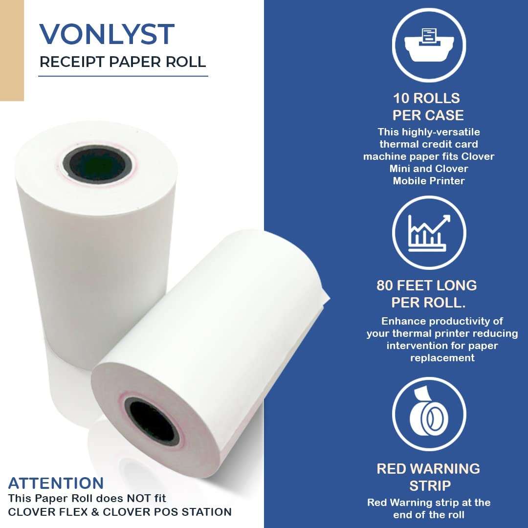Vonlyst Thermal Receipt Paper Rolls for Clover Mini & Clover Mobile – 2 1/4” x 80’ BPA Free Credit Card Machine Paper Compatible with C200 C300 C301 C302 C302U C305 – POS Printer Paper, 10 Rolls - Image 6