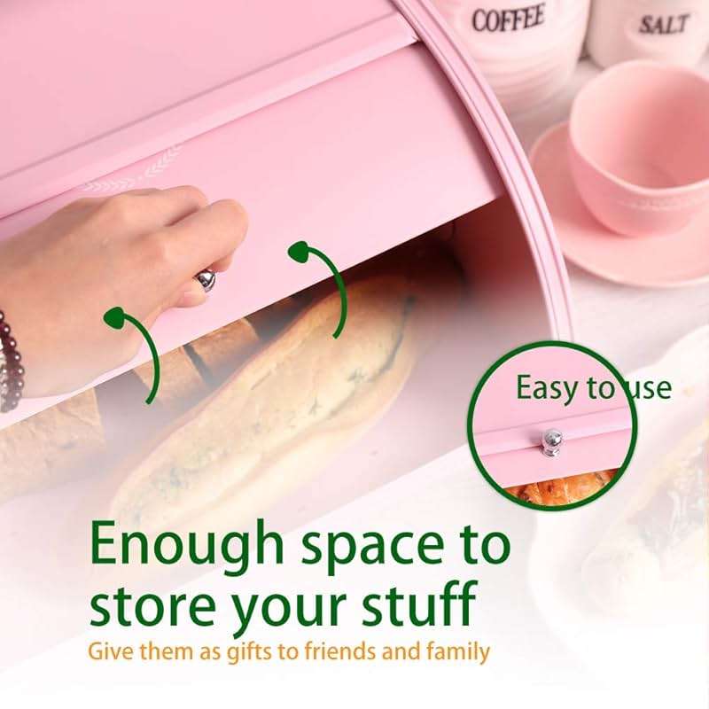KL X458 Pink Bread Box Roll Top, Metal Bread Box for Kitchen Countertop, Large Capacity, Keeps Bakery Items Fresh Longer, Bread Bin for Kitchen Countertop, Breadbox to Store Cookies, Bagels, Muffins - Image 4