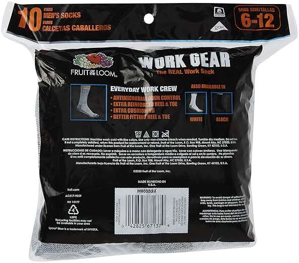Fruit of the Loom Men’s Work Gear Cushioned Crew Socks 10 Pair - Image 4