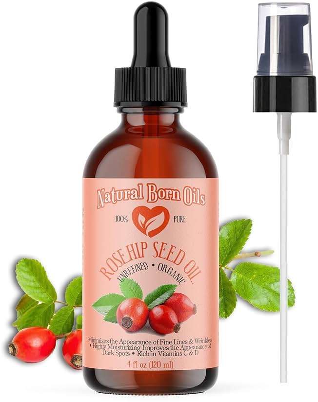 SALE! 4oz Rosehip Seed Oil, 100% Pure and Natural, Cold-Pressed, Unrefined, Organic Moisturizer for Skin and Hair - Includes Pump & Dropper - Image 1