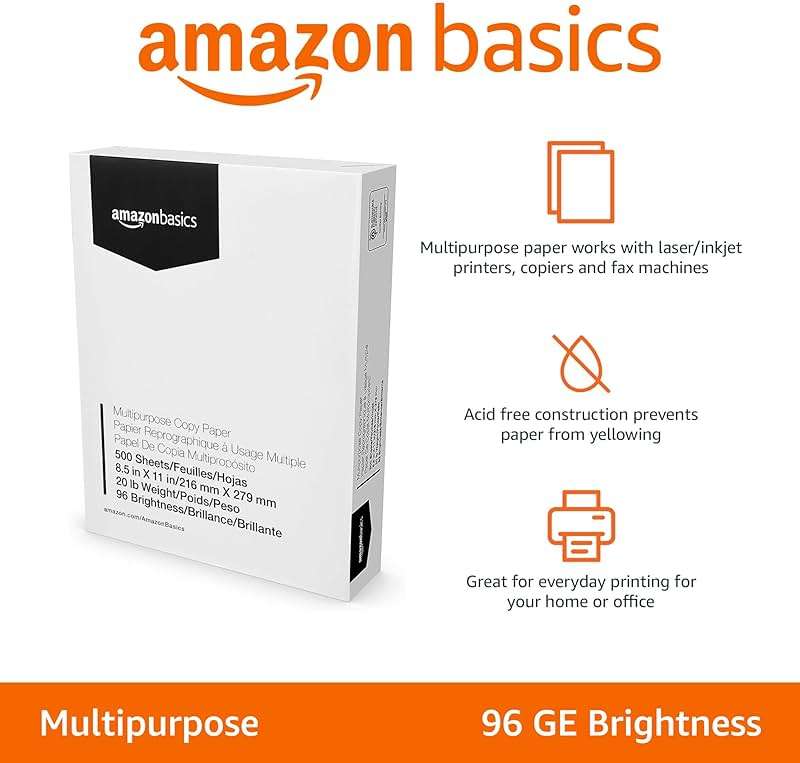 Amazon Basics Multipurpose Copy Printer Paper, 8.5 x 11 Inches, 20 lb Weight, 96 Bright White, 500 Sheets (1 Ream) - Image 2