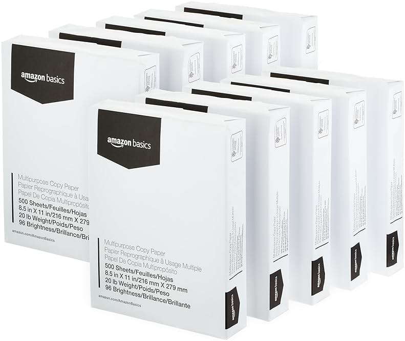 Amazon Basics Multipurpose Copy Printer Paper, 8.5 x 11 Inches, 20 lb, 96 Bright, White, 10 Ream (5,000 Sheets) - Image 1