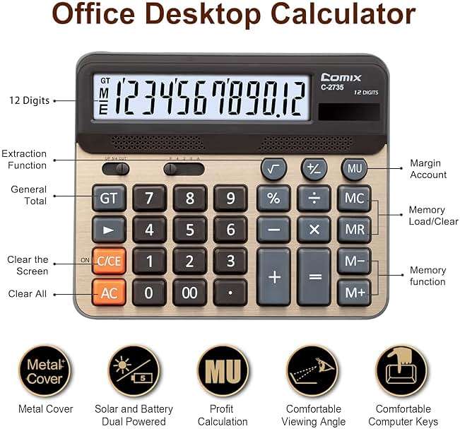 Comix Desktop Calculator, Large Computer Keys, 12 Digits Display, Champaign Gold Color Panel, C-2735 - Image 2