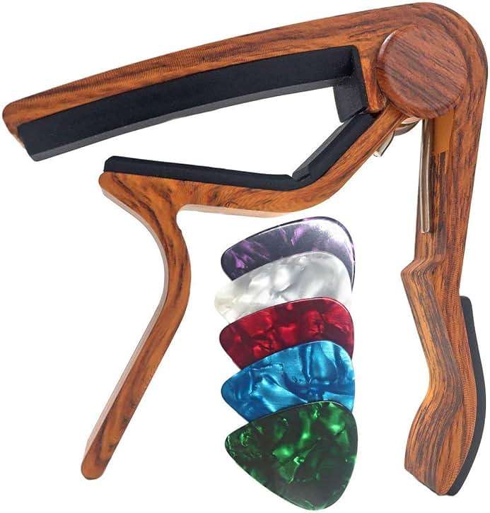 WINGO Guitar Capo for Acoustic and Electric Guitars - Rosewood Color with 5 Picks - Image 1
