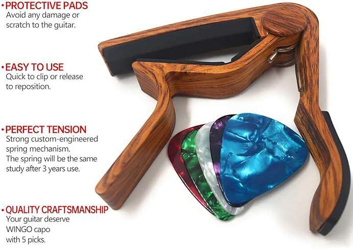 WINGO Guitar Capo for Acoustic and Electric Guitars - Rosewood Color with 5 Picks - Image 3