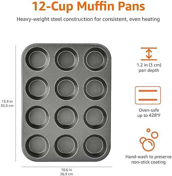Amazon Basics Nonstick Muffin Pan, Set of 2, Sturdy, Oven Safe, Bakes Evenly, Easy to Clean, 12 Cups, Gray, 13.9x10.55x1.22" - Image 7