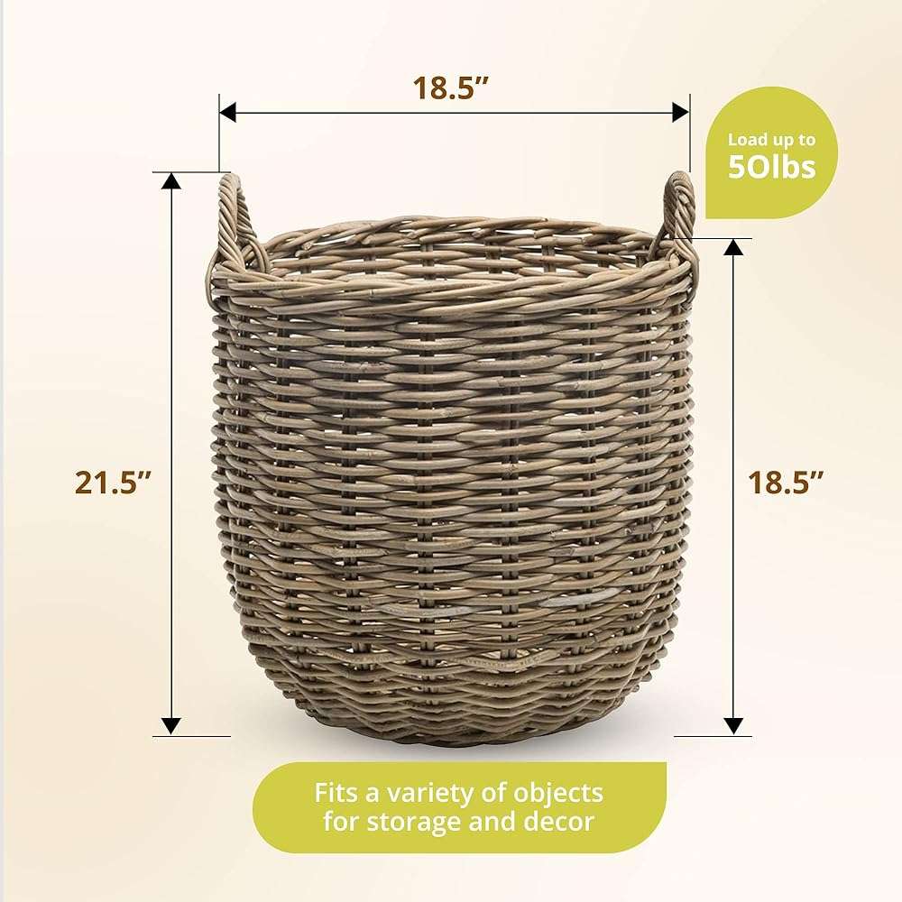 KOUBOO Rattan Kobo Round Storage Basket, Handwoven Rattan Basket with Handles, Organization & Home Decor for Storage, Gray-Brown - Image 2