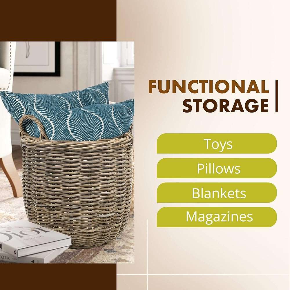 KOUBOO Rattan Kobo Round Storage Basket, Handwoven Rattan Basket with Handles, Organization & Home Decor for Storage, Gray-Brown - Image 3