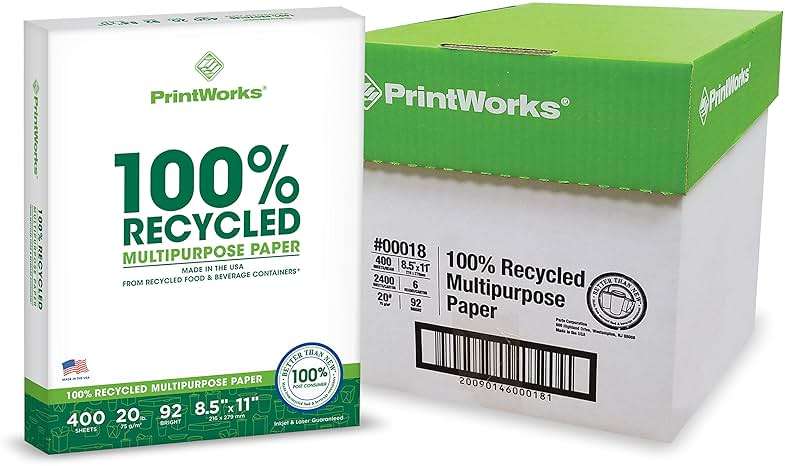 PrintWorks 100% Recycled Printer Paper 8.5" x 11" White - 20 lb Copy & Multipurpose Computer Paper - 6 Packs, 2400 Sheets - Made in the USA - 92 Bright - Printer & Copier Compatible (00018C) - Image 1