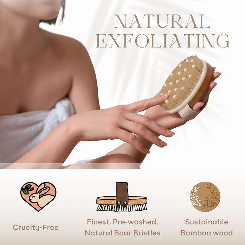 Dry Brushing Body Brush - Best for Exfoliating Dry Skin, Lymphatic Drainage and Cellulite Treatment - Organic Spa Exfoliation and Massage Scrub Brush with Natural Boar Bristles - Image 3