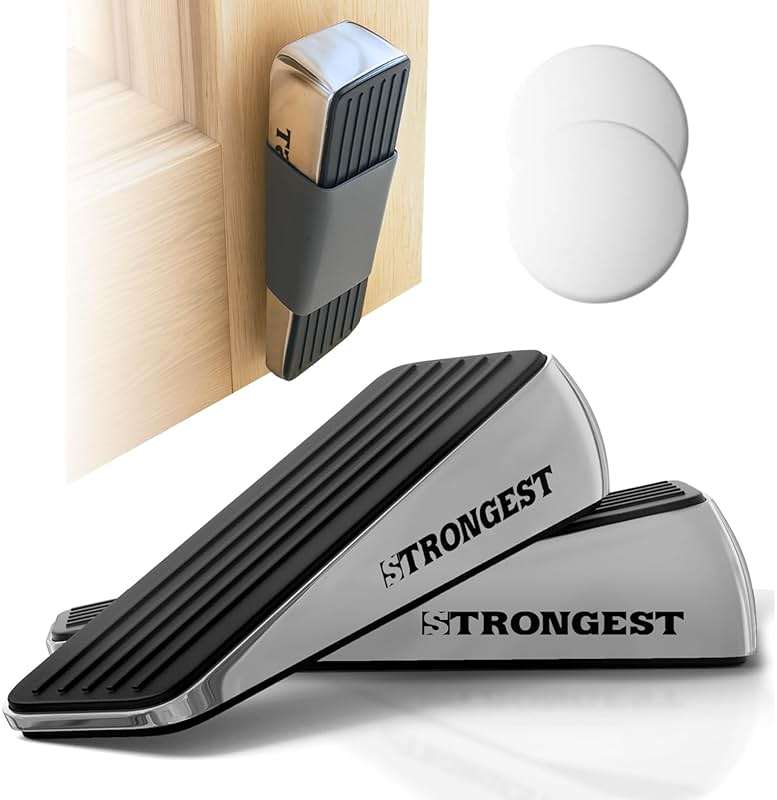 STRONGEST HOME Door Stoppers for Bottom of Door – Heavy Duty Metal Rubber Stopper, Non-Slip Door Stop for Heavy Doors, Works on Wood, Tile & Carpet Floors, Wedge Chrome 2 PCs + 2 White Wall Protectors - Image 1