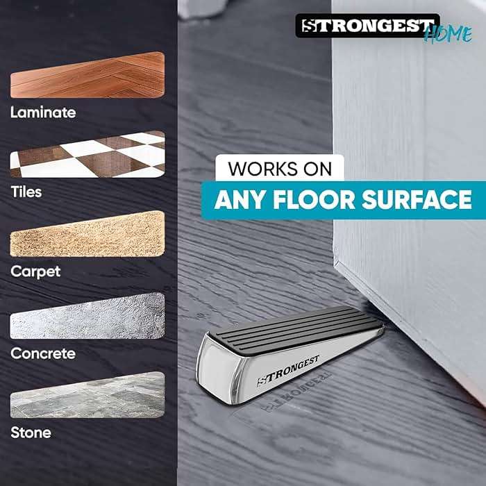 STRONGEST HOME Door Stoppers for Bottom of Door – Heavy Duty Metal Rubber Stopper, Non-Slip Door Stop for Heavy Doors, Works on Wood, Tile & Carpet Floors, Wedge Chrome 2 PCs + 2 White Wall Protectors - Image 4