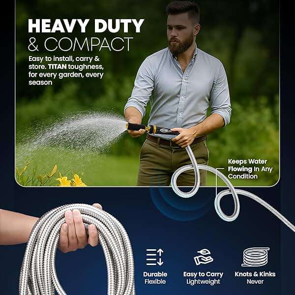 TITAN Garden Hose 75FT - 304 Stainless Steel Metal Water Hose, Flexible, Kink-Free, Lightweight, Durable, Crush Resistant Fittings, Easy to Coil, 500 PSI - Image 2