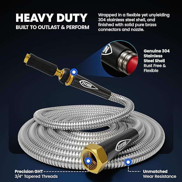 TITAN Garden Hose 75FT - 304 Stainless Steel Metal Water Hose, Flexible, Kink-Free, Lightweight, Durable, Crush Resistant Fittings, Easy to Coil, 500 PSI - Image 6