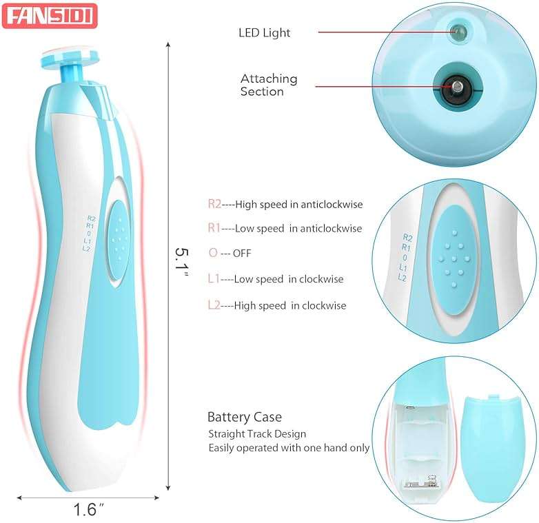 Fansidi Baby Nail Trimmer Electric, Easy & Safe Nail File for Newborn Infant Toddler, Whisper-Quiet Nighttime Use, 4-Stage Age-Matched Grinding Heads, LED Light, 18-Piece Kit, Blue, Baby Shower Gift - Image 2