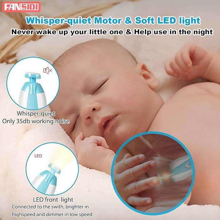 Fansidi Baby Nail Trimmer Electric, Easy & Safe Nail File for Newborn Infant Toddler, Whisper-Quiet Nighttime Use, 4-Stage Age-Matched Grinding Heads, LED Light, 18-Piece Kit, Blue, Baby Shower Gift - Image 4