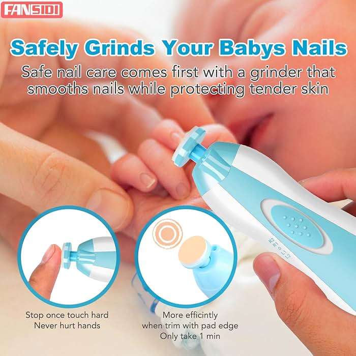 Fansidi Baby Nail Trimmer Electric, Easy & Safe Nail File for Newborn Infant Toddler, Whisper-Quiet Nighttime Use, 4-Stage Age-Matched Grinding Heads, LED Light, 18-Piece Kit, Blue, Baby Shower Gift - Image 5