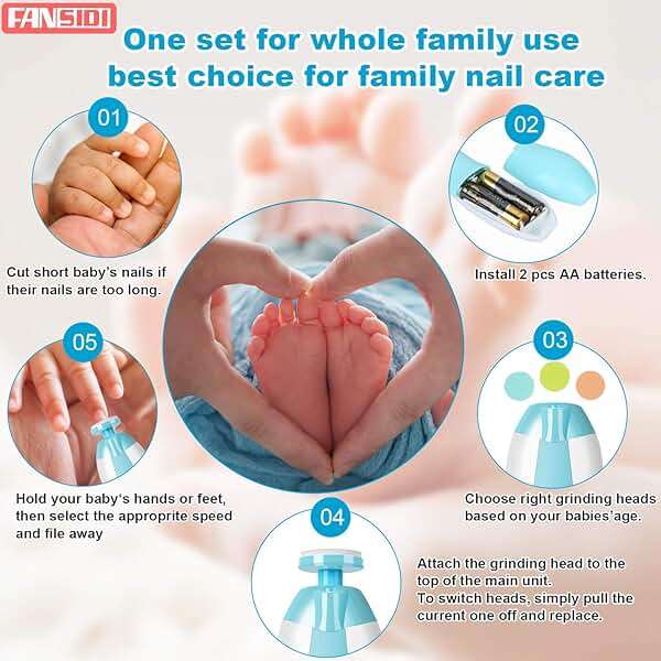 Fansidi Baby Nail Trimmer Electric, Easy & Safe Nail File for Newborn Infant Toddler, Whisper-Quiet Nighttime Use, 4-Stage Age-Matched Grinding Heads, LED Light, 18-Piece Kit, Blue, Baby Shower Gift - Image 6