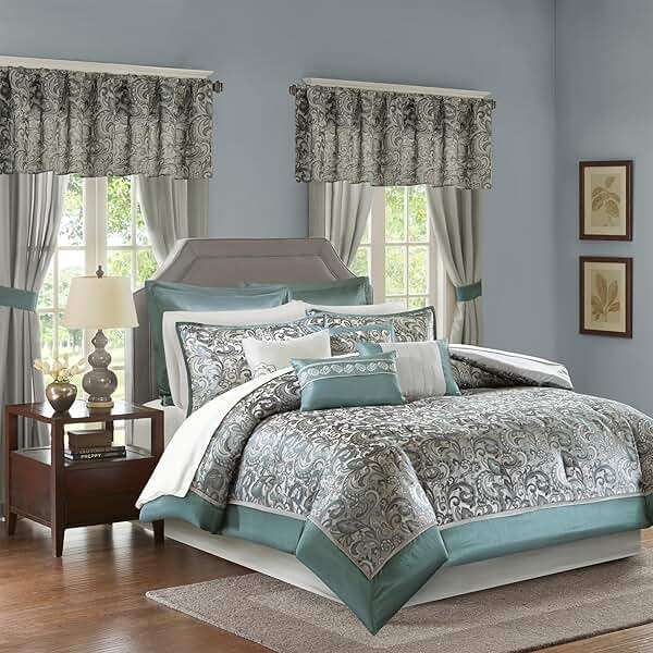 Madison Park 24 Piece Faux Silk Paisley Queen Comforter Set with Matching Curtains, Down Alternative Hypoallergenic - Teal, Queen (90 in x 90 in) - Image 1
