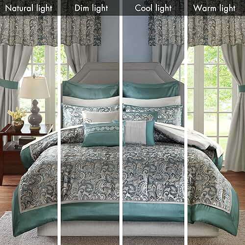 Madison Park 24 Piece Faux Silk Paisley Queen Comforter Set with Matching Curtains, Down Alternative Hypoallergenic - Teal, Queen (90 in x 90 in) - Image 2