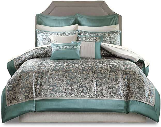 Madison Park 24 Piece Faux Silk Paisley Queen Comforter Set with Matching Curtains, Down Alternative Hypoallergenic - Teal, Queen (90 in x 90 in) - Image 17