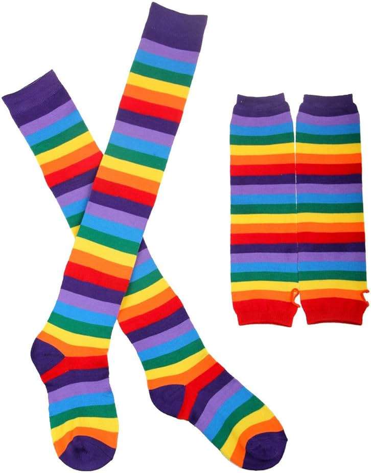 Chalier Womens Rainbow Socks Striped Knee High Socks Arm Warmer Fingerless Gloves Set - Image 2