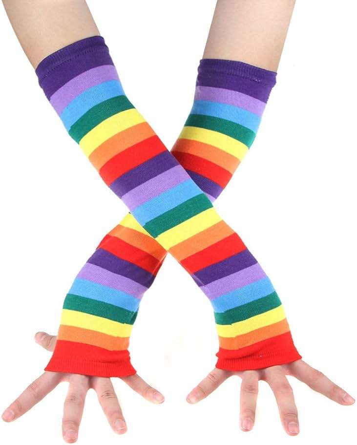 Chalier Womens Rainbow Socks Striped Knee High Socks Arm Warmer Fingerless Gloves Set - Image 5