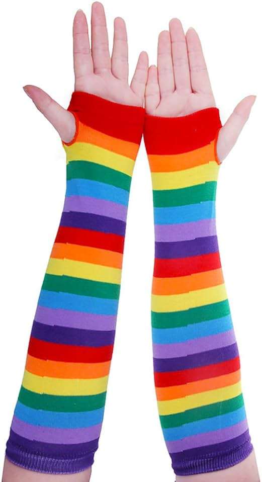 Chalier Womens Rainbow Socks Striped Knee High Socks Arm Warmer Fingerless Gloves Set - Image 6