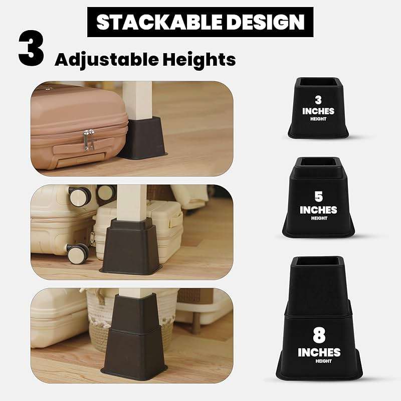 Utopia Bedding Bed Riser, 3 & 5 Inches Adjustable Furniture Risers for 8 Inch Combined Furniture Lift, Under Bed Storage & Dorm Room Essential, Supports Up to 1,300 lbs (4 Set, Black) | Heavy Duty Furniture Riser, Adjustable 3, 5, 8 Inch, Supports Up to 1,300 lbs, for Beds, Couch & Desk, Under Bed Storage, Dor - Image 6