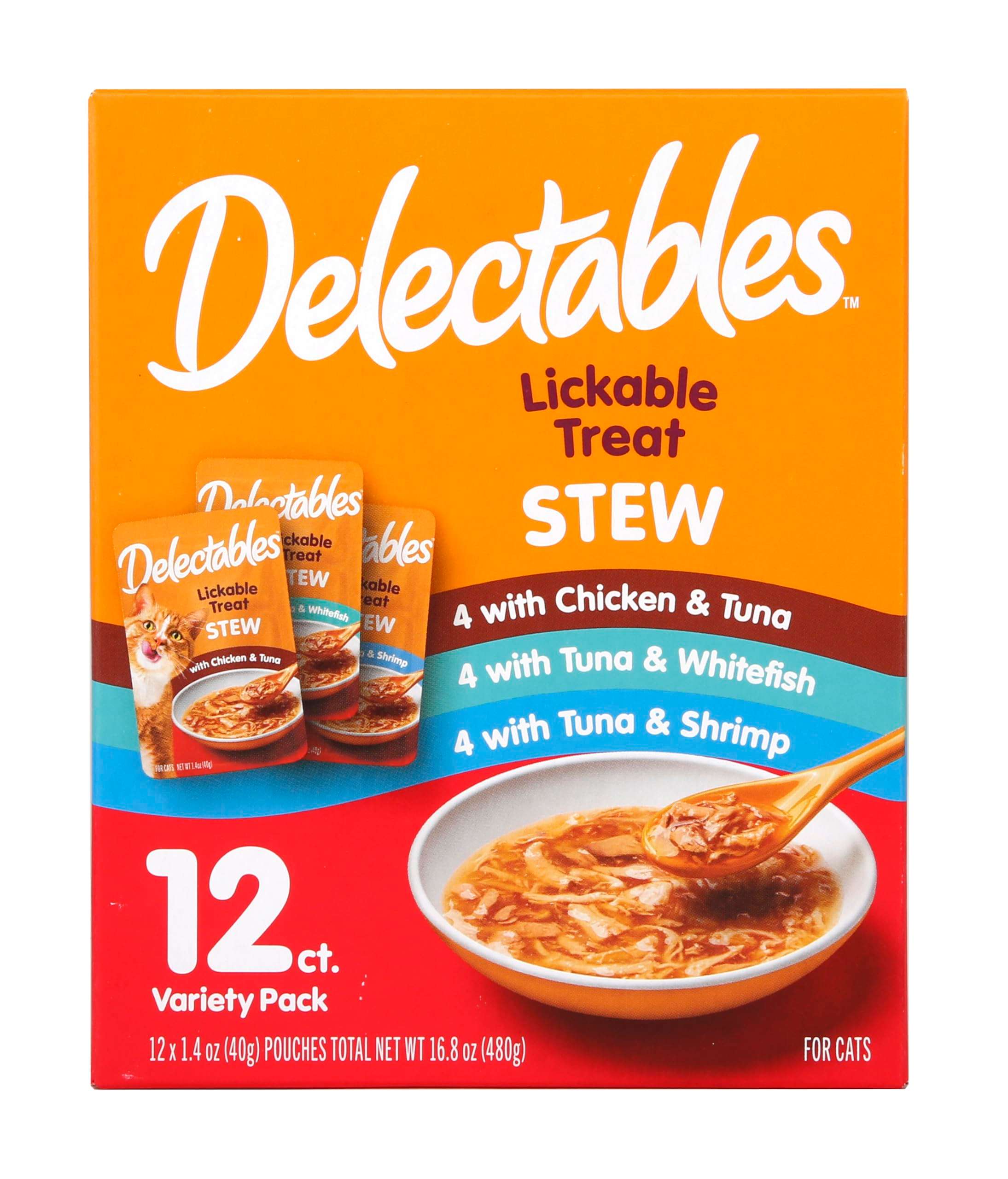Delectables Lickable Treat Stew Wet Cat Treat Variety Pack, Food Topper, Hydrating, Grain-Free, No Fillers, No By-Products, No Added Preservatives, 1.4oz Pouch, 12ct - Image 1