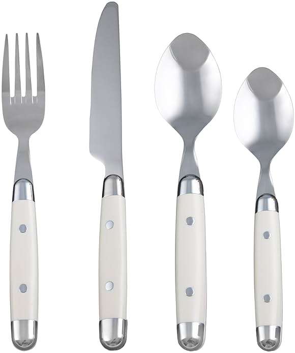 Cambridge Silverware Set, Jubilee White 16-Piece Flatware Set, Service for 4, 18/0 Stainless Steel, Silver Mirror Finish Beige Handles, Knives Spoons and Forks set, Dishwasher Safe, (Beige, 16 Pieces) - Image 1