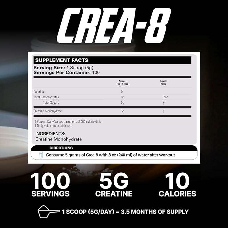 EHP Labs CREA-8 Micronized Creatine Monohydrate Powder - Unflavored Creatine Powder for Muscle Growth, Increased Strength, Enhanced Energy Output and Improved Performance - 100 Servings (500g) - Image 2