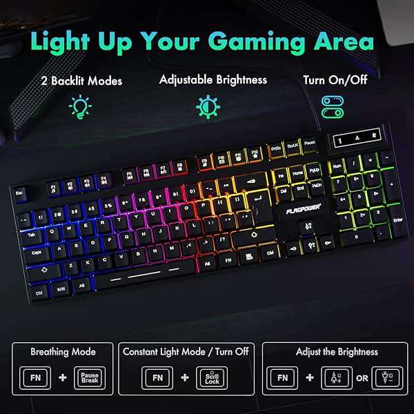 FLAGPOWER RGB Gaming Keyboard and Breathing Mouse Combo, Adjustable Breathing Backlit Mechanical Feeling Keyboard with 4 Colors 4800DPI Backlight Mouse for PC Laptop Computer Game and Work - Image 2
