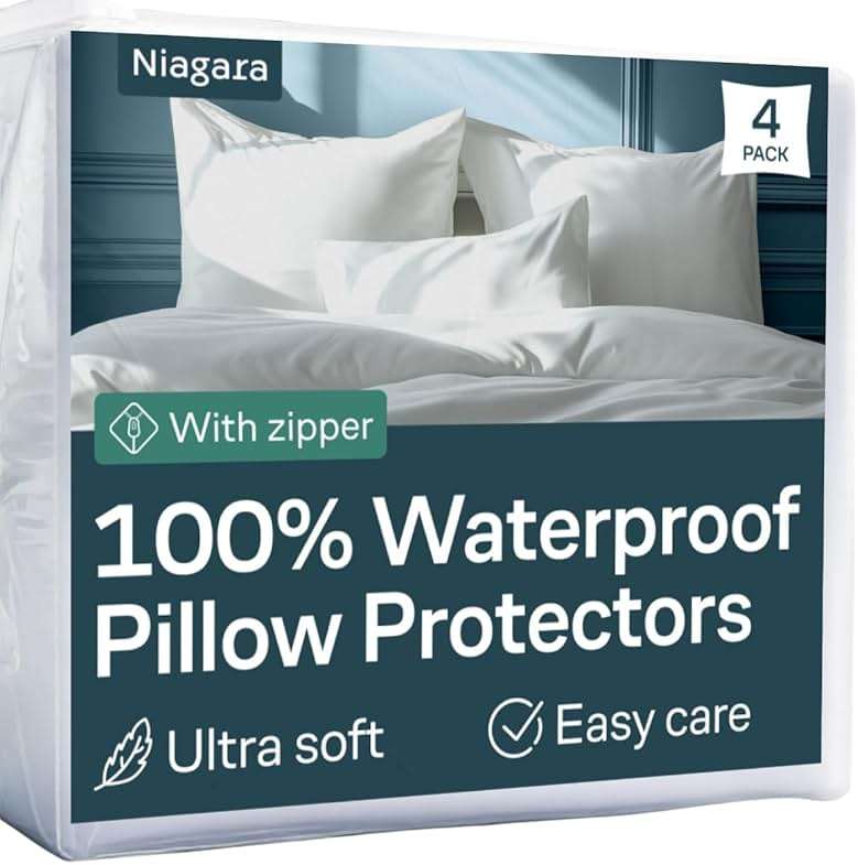 Niagara 4 Pack Waterproof Pillow Protectors Standard 20x26 Inches Smooth Zipper Premium Encasement Covers Quiet Cases Set White - Image 1