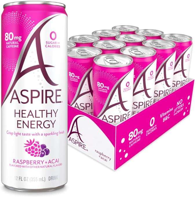 ASPIRE® Raspberry Acai, Healthy Energy Drink 80mg Natural Caffeine, Zero Sugar No Carbs Keto Friendly, 12 Pack Green Tea Sugar Free Drink Low Caffeine Zero Calorie - Image 1