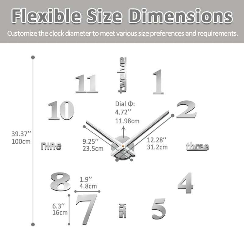 Mintime Modern Frameless DIY Wall Clock Large 3D Wall Watch Mirror Numbers for Home Office Decorations - Image 2