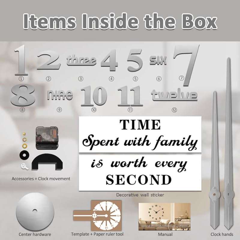 Mintime Modern Frameless DIY Wall Clock Large 3D Wall Watch Mirror Numbers for Home Office Decorations - Image 7