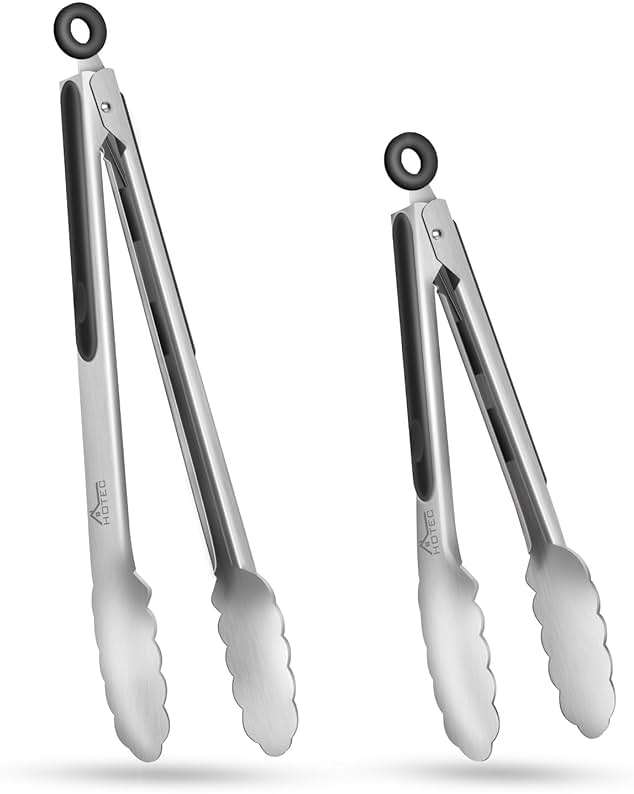 Hotec Stainless Steel Kitchen Tongs, Set of 2-9" and 12", Locking Metal Food Tongs for Cooking, Serving, BBQ, Grill Non-Slip Grip - Image 1