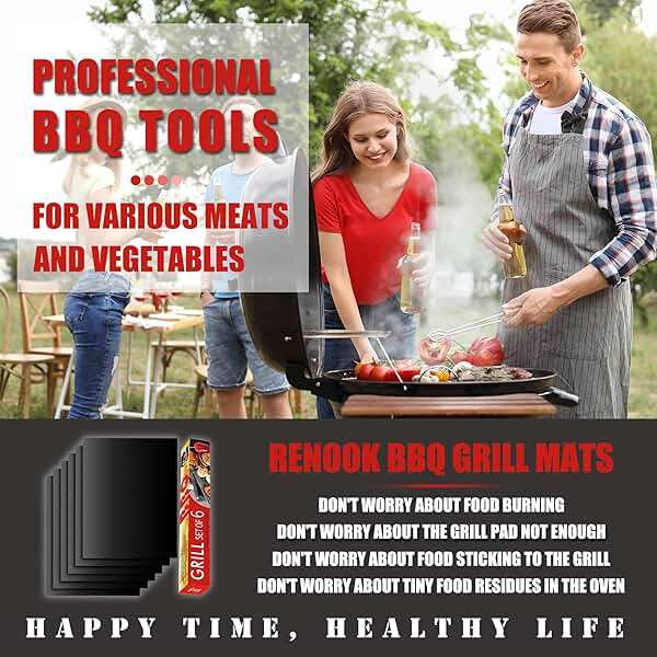 RENOOK Grill Mat Set of 6-100% Non-Stick Reusable Mats for Gas, Charcoal or Electric Grills - Easy to Clean - 15.75 x 13-Inch, Black - Image 3